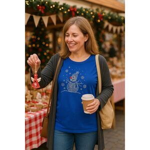 Quacker Factory Top L Blue Beaded Snowman 3/4 Sleeve Winter Holiday Whimsical